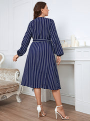 Deep V Neck Striped Midi Wrap Dress with Belt Women's Plus Size