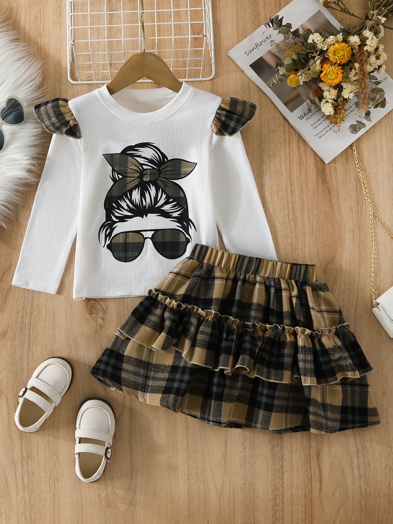 Girl's Plaid Anime Sunglasses Print Long Sleeve Top & Ruffle Skirt Set