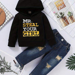 Boy's Hoodie & Denim Pants Set MR STEAL YOUR GIRL Print Long Sleeve Top