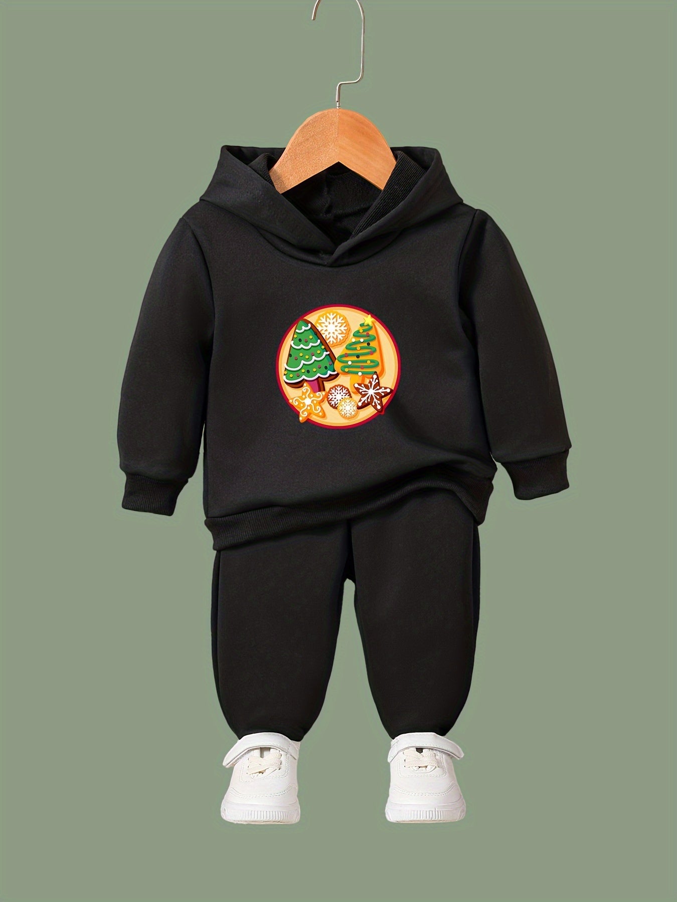 Girls Christmas Elements Print Hooded Sweatshirt Top Sweatpants Set
