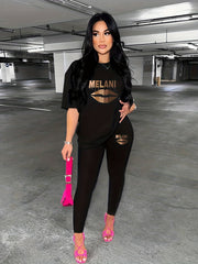 Melanin Lips Print 2pc Set Crew Neck Tee & Slim Pants Outfits