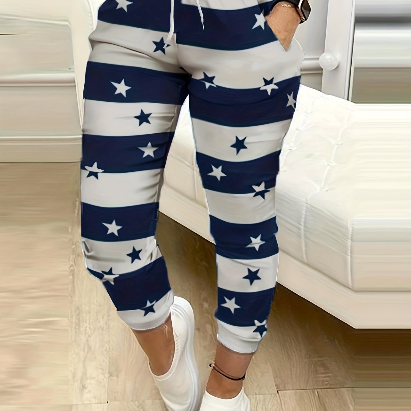Stars Print Block Pants Casual Drawstring Summer Jogger Pants Women's Clothing
