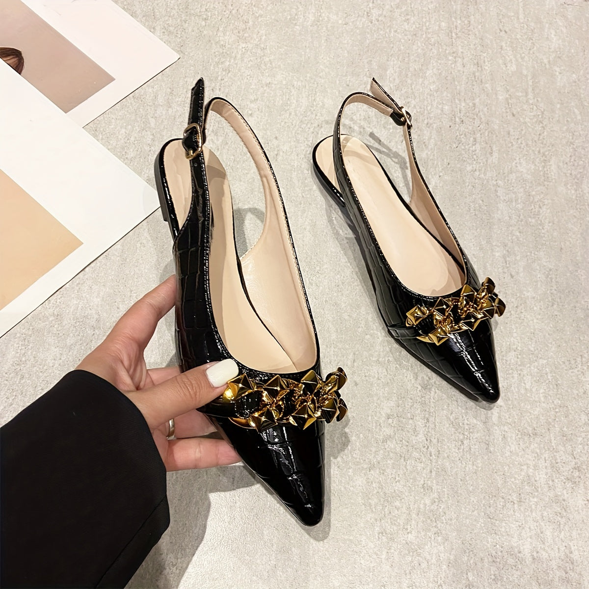 Chain Decor Flat Shoes Point Toe Buckle Strap Dress Shoes