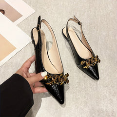 Chain Decor Flat Shoes Point Toe Buckle Strap Dress Shoes