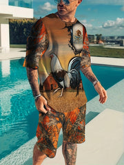 Rooster Pattern Men's 2 Piece Outfits T-shirt And Shorts Set