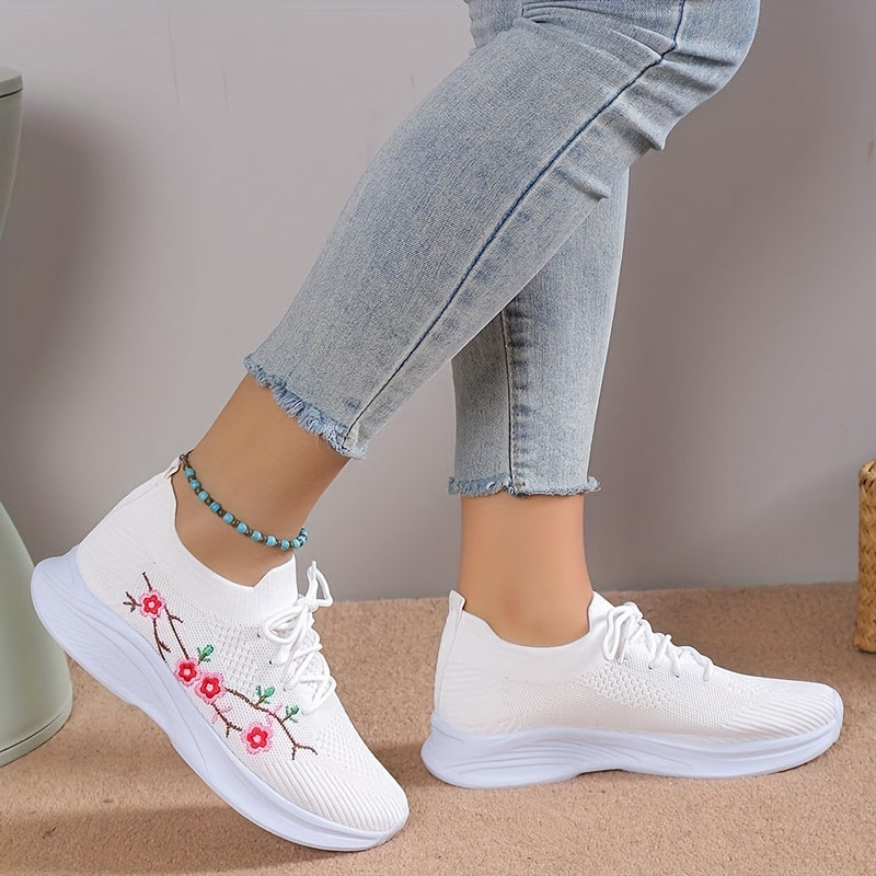Women's Floral Embroidered Sock Sneakers Lace Up Low Top Sports Shoes