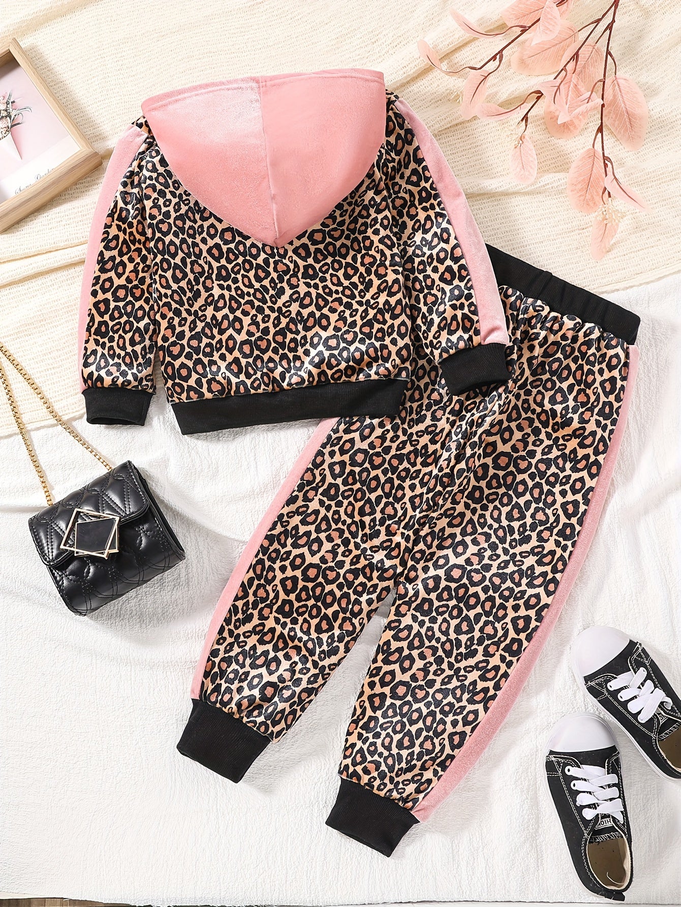 Leopard Velvet 2pcs Hoodie & Sweatpants Set for Girls