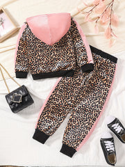 Leopard Velvet 2pcs Hoodie & Sweatpants Set for Girls