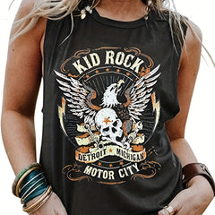 Rock Graphic Print Vest Crew Neck Casual Top Women's Clothing