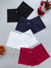 4pcs Floral Lace Boyshort Panties Soft & Comfortable Women's Lingerie