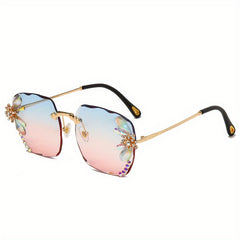 Square Rhinestone Sunglasses Gradient Rimless UV400