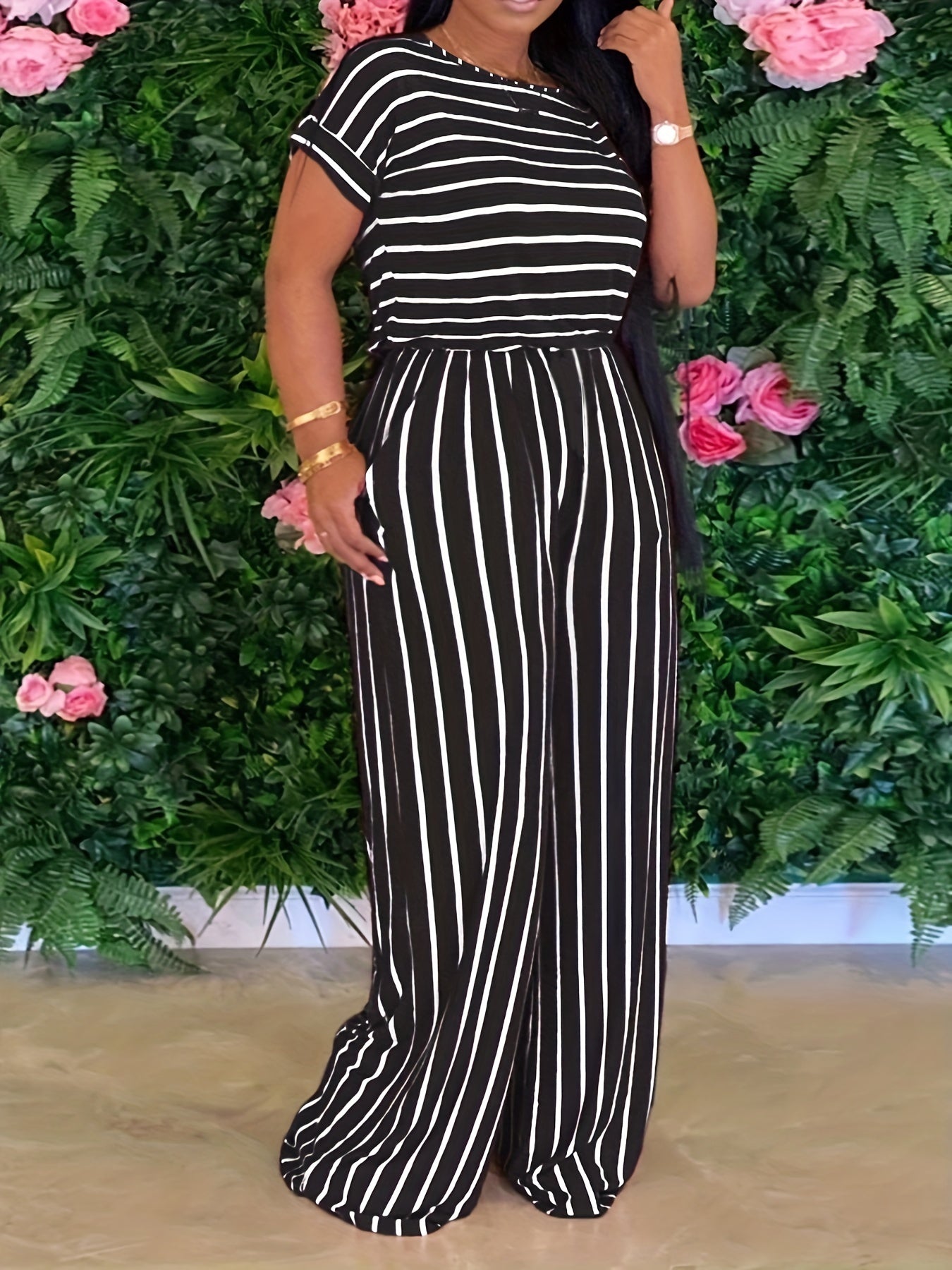 Striped Print Two piece Set Casual Short Sleeve T shirt & Wide Leg Pants
