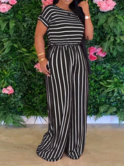 Striped Print Two piece Set Casual Short Sleeve T shirt & Wide Leg Pants
