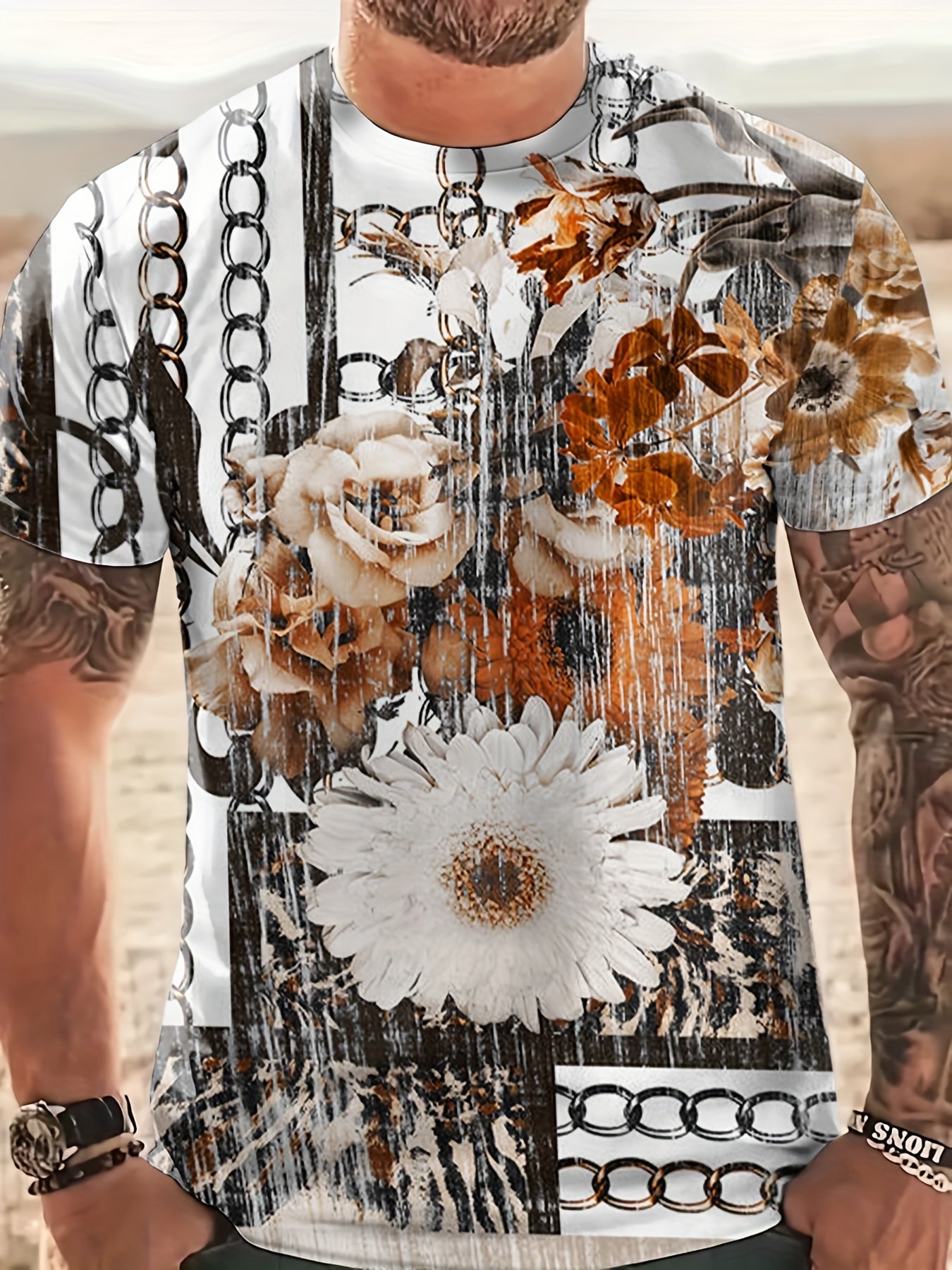 Men's Flower Print T shirt Casual Comfy Stretch Tee
