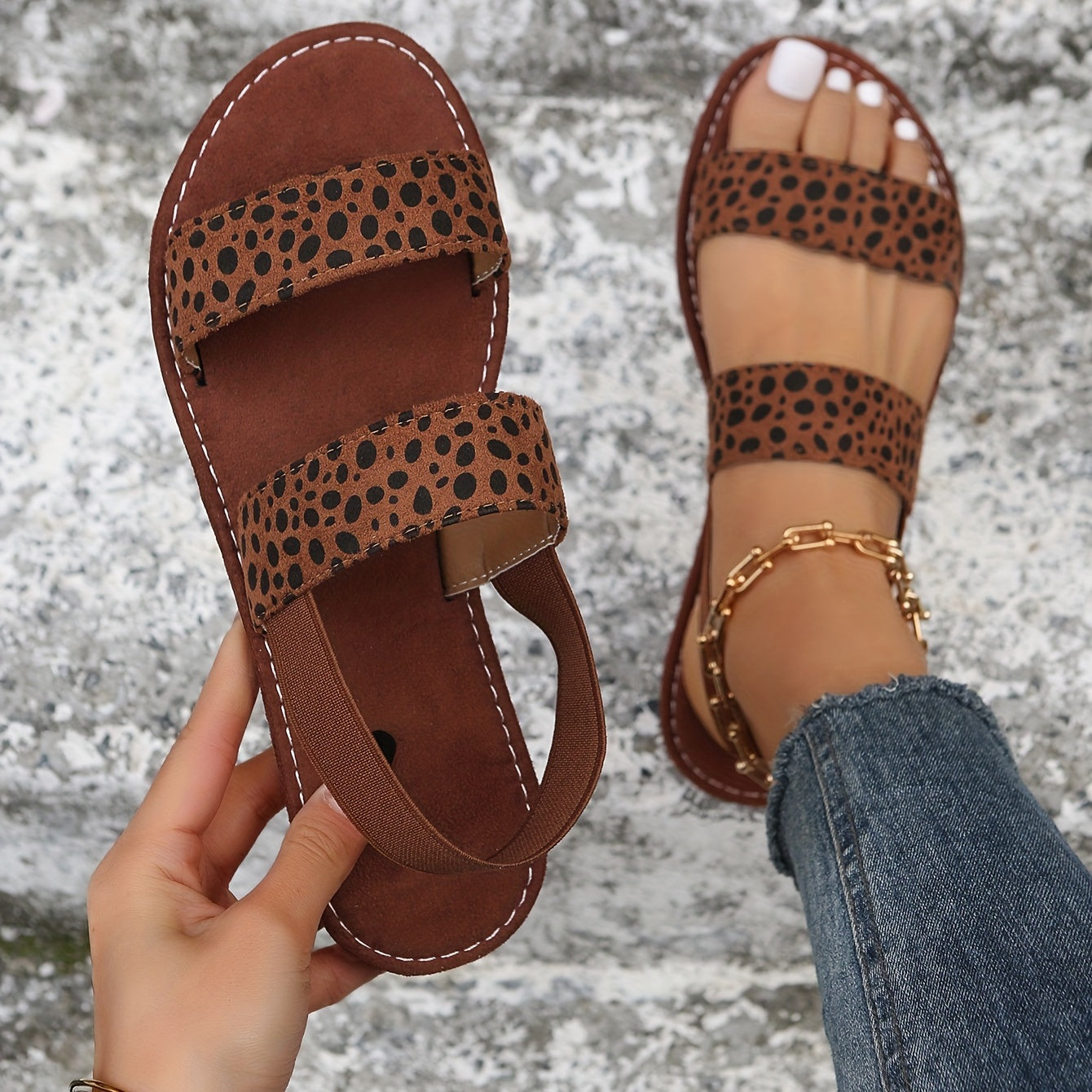 Leopard Print Flat Sandals Elastic Strap Slip On Shoes