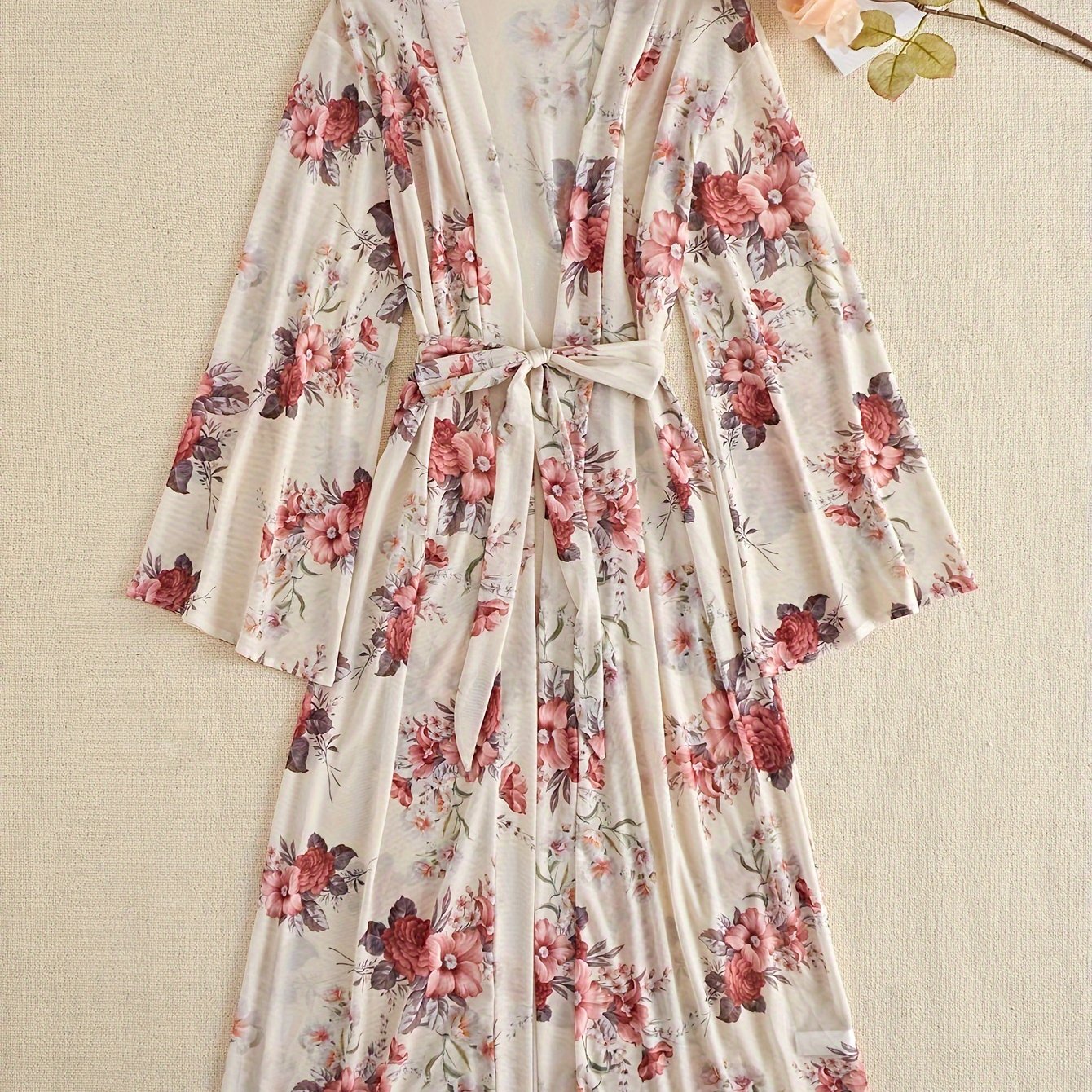Floral Print Mesh Night Robe Long Sleeve V Neck Robe With Belt