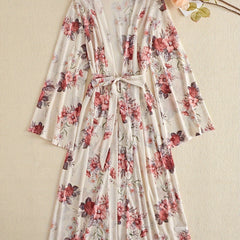 Floral Print Mesh Night Robe Long Sleeve V Neck Robe With Belt