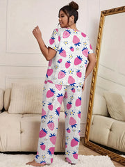 Strawberry & Flower Print Pajama Set Two Piece Loungewear