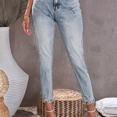 Ripped Button Fly Stretch Jeans