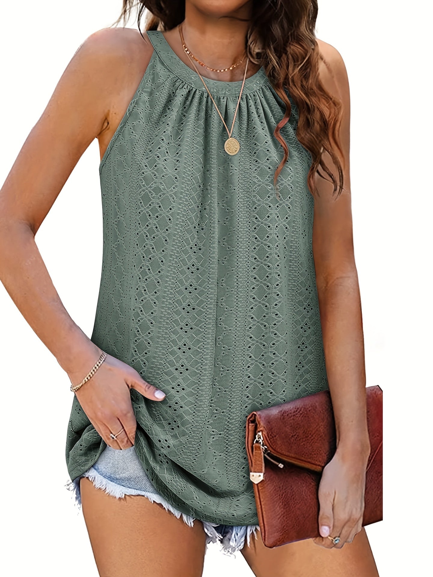Eyelet Halter Neck Top Sleeveless Summer Casual