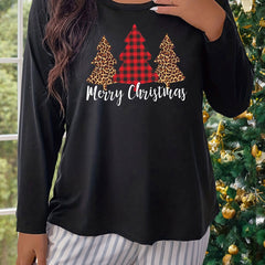 Women's Plus Size Plaid Christmas Tree Graphic Long Sleeve Round Neck T-shirt