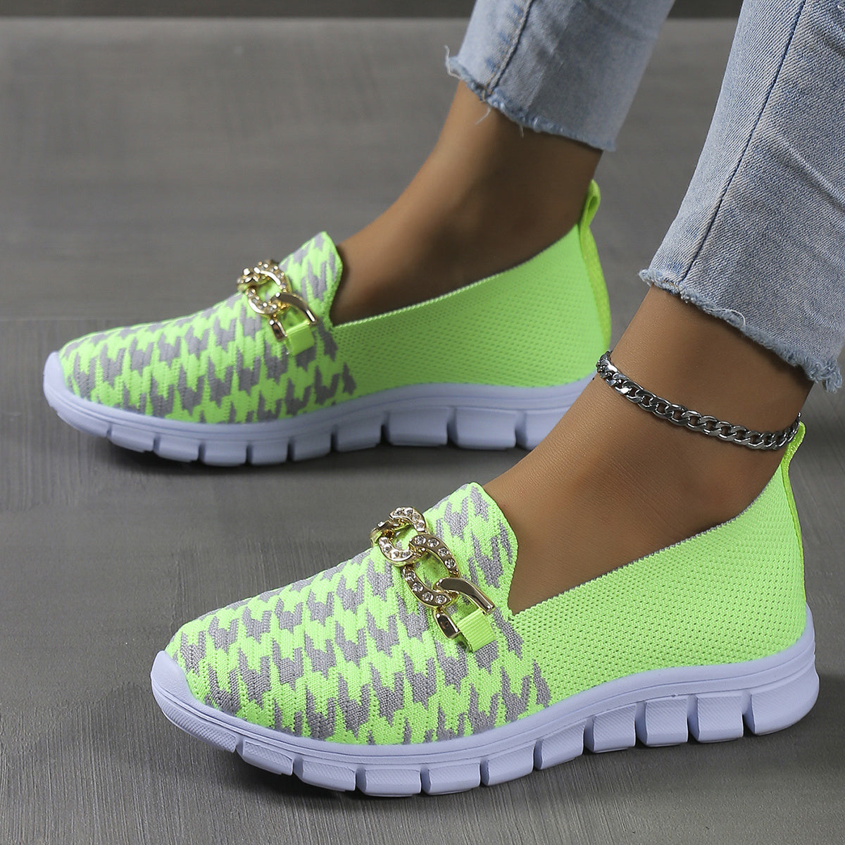 Metallic Chain Decor Slip-On Lightweight Flying Woven Shoes