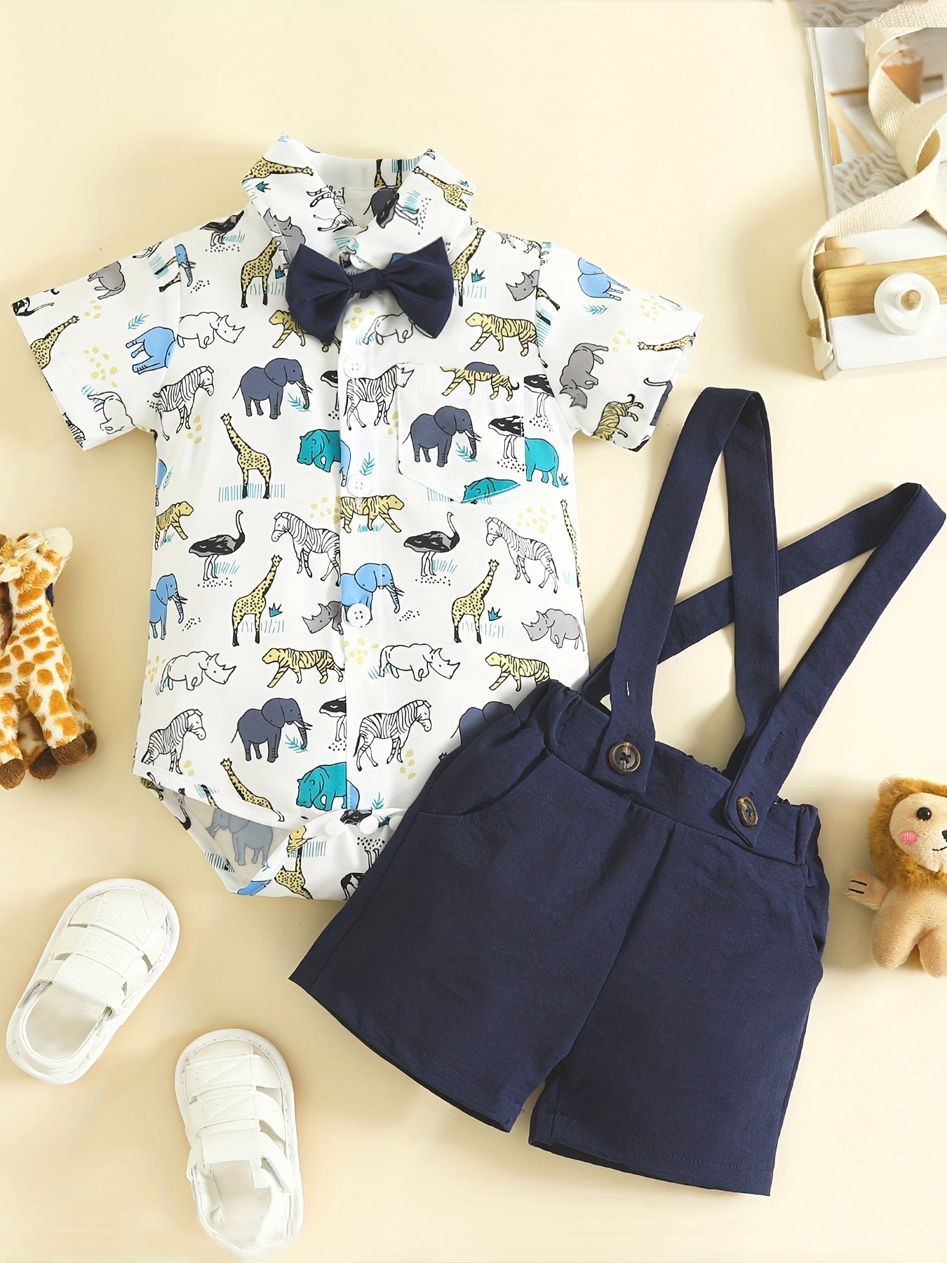 Baby Boys Animal Graphic Onesie & Suspender Shorts Set