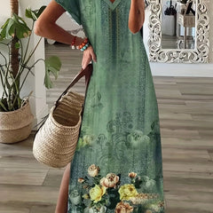 Floral Print V Neck Dress with Side Split