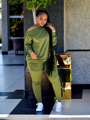 Cold Shoulder Long Sleeve Top & Slim Pants Set Women's Outfit