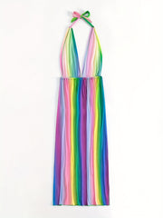 Rainbow Striped Cover Up Dress Halter V Neck Loose Fit Backless Beachwear