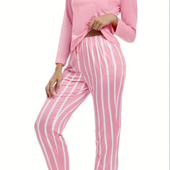 Letter Print Lounge Set Long Sleeve Crew Neck Top & Striped Pants