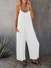 Boho Solid Loose Cami Jumpsuit Casual Crew Neck Wide Leg Mini Strap Jumpsuit