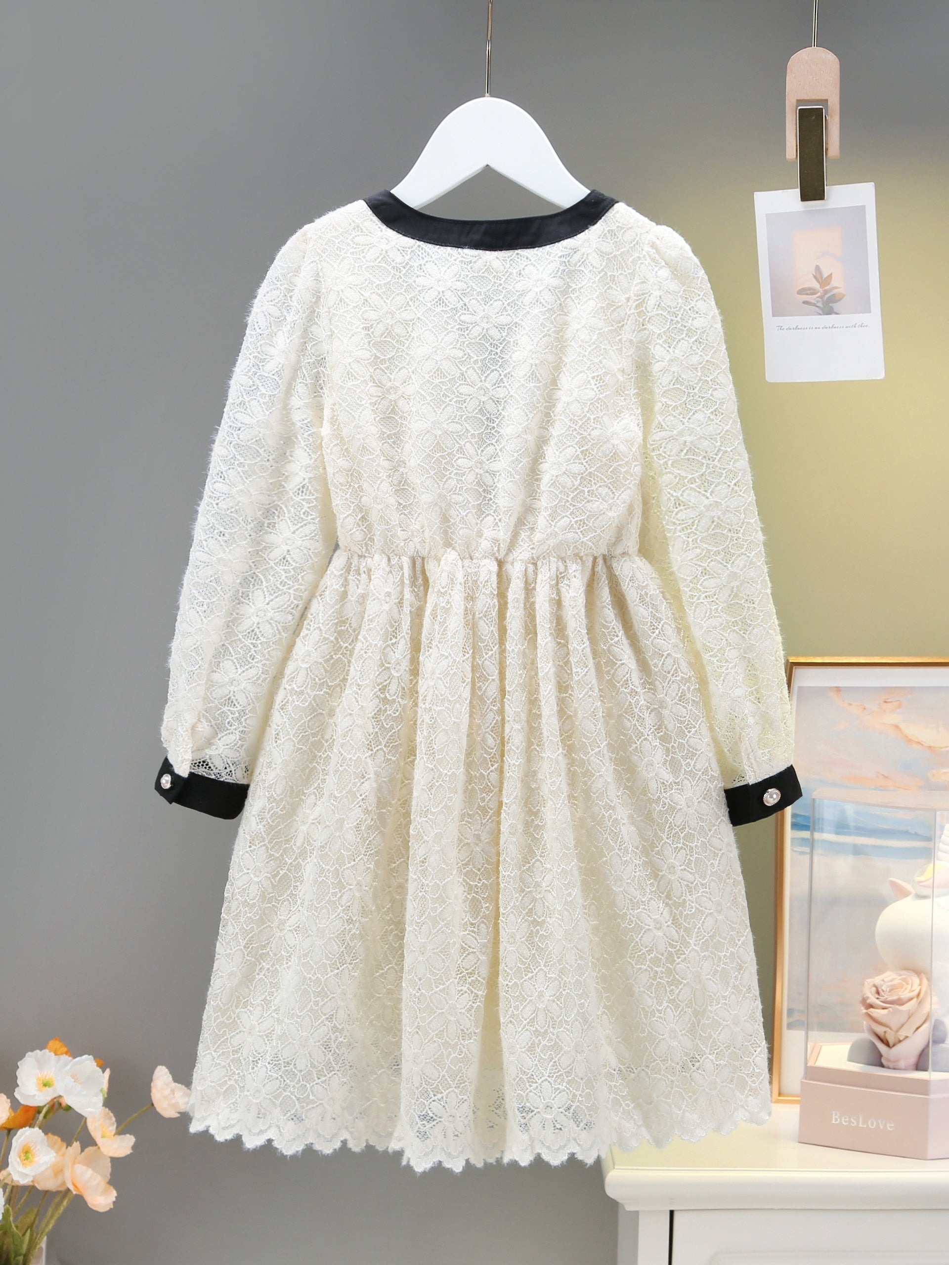 Floral Lace Dress with Bow Front Long Sleeve for Girls