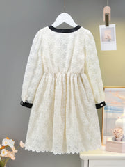 Floral Lace Dress with Bow Front Long Sleeve for Girls