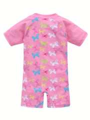 One Piece Girls Butterfly Swimsuit, Short Sleeves, Zipper