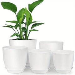 5 Plastic Planters w/ Tray 17.78cm Flower Pot Indoor Outdoor Decor