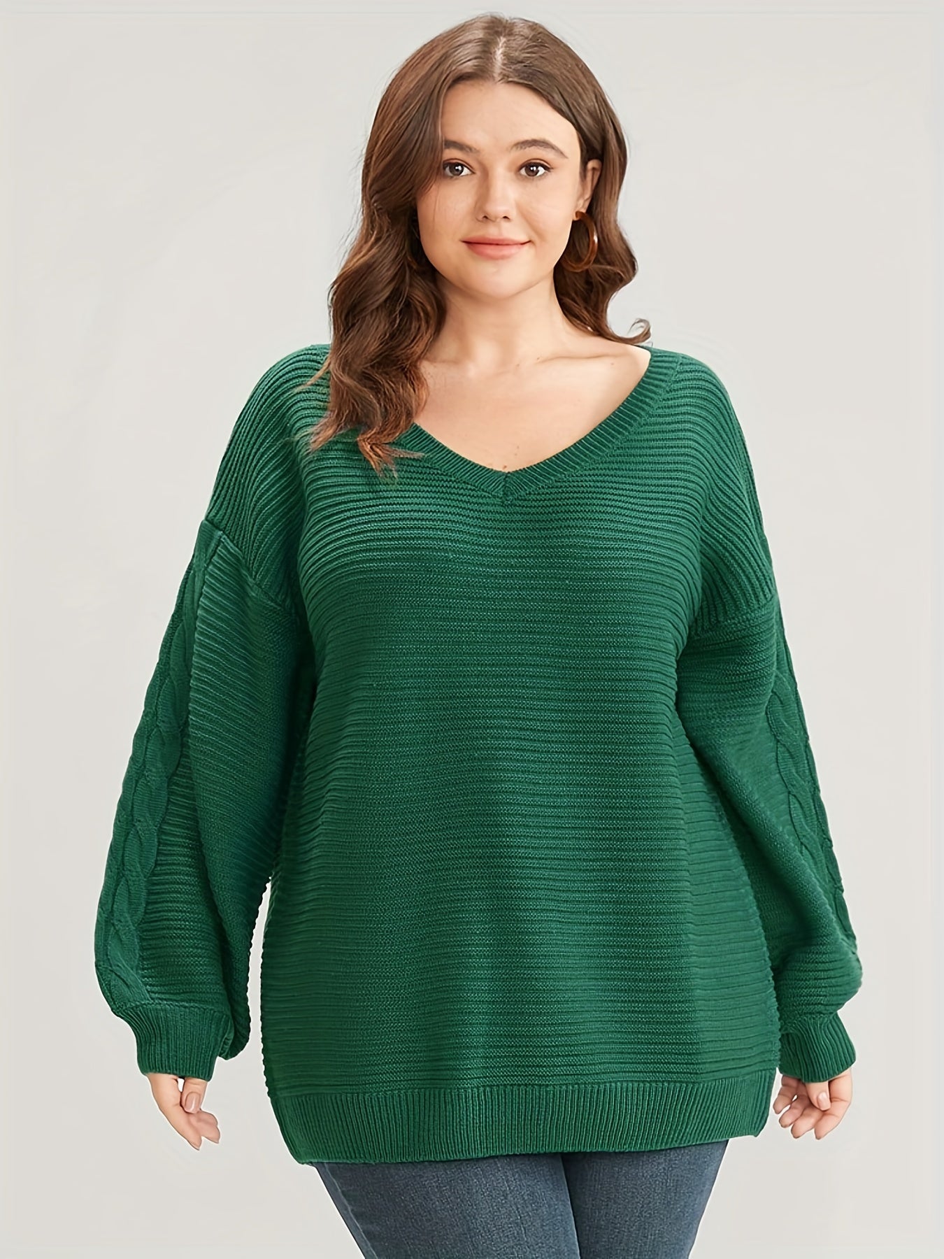 Plus Size Casual Sweater Women's Plus Solid Cable Lantern Sleeve V Neck Jumper