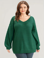 Plus Size Casual Sweater Women's Plus Solid Cable Lantern Sleeve V Neck Jumper