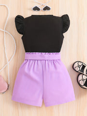 Girls Heart Graphic Flutter Sleeve Top & Belted Waist Shorts Set
