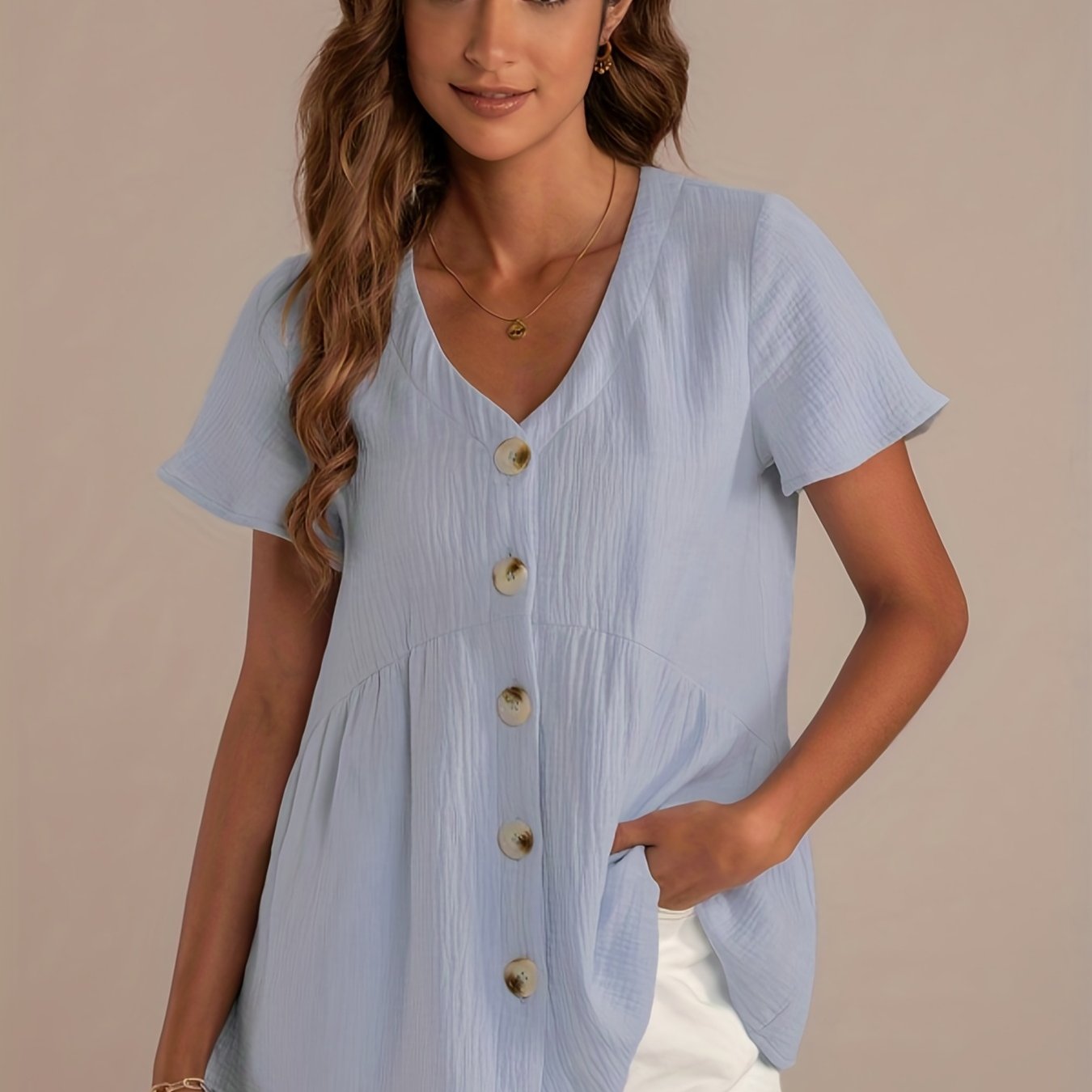V Neck Button-Up Blouse