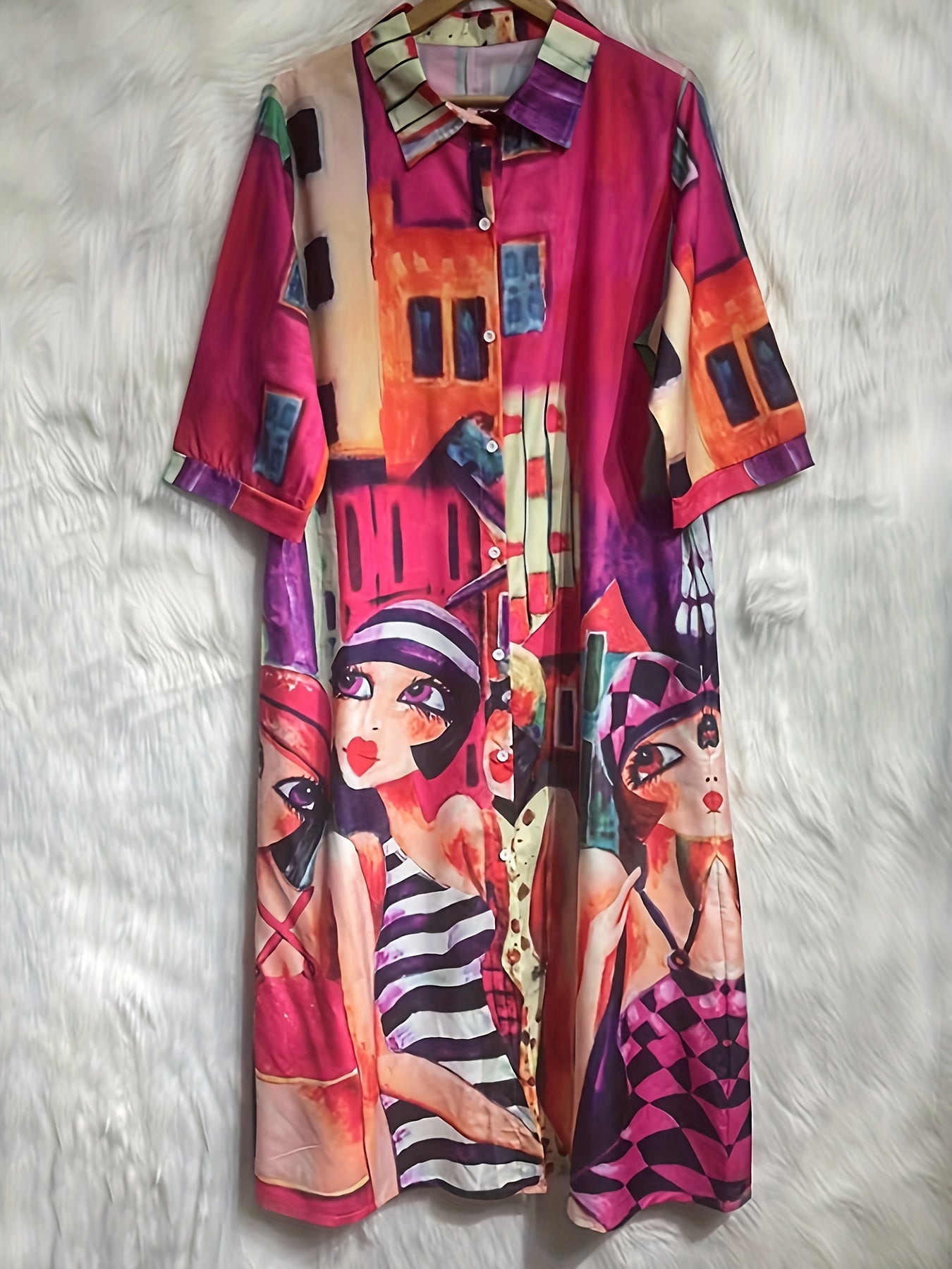 Painting Print Button Up Maxi Shirt Dress