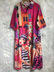 Painting Print Button Up Maxi Shirt Dress