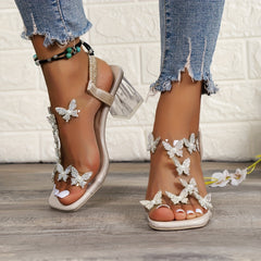 Floral Rhinestone Sandals Square Toe Block Heel Shoes