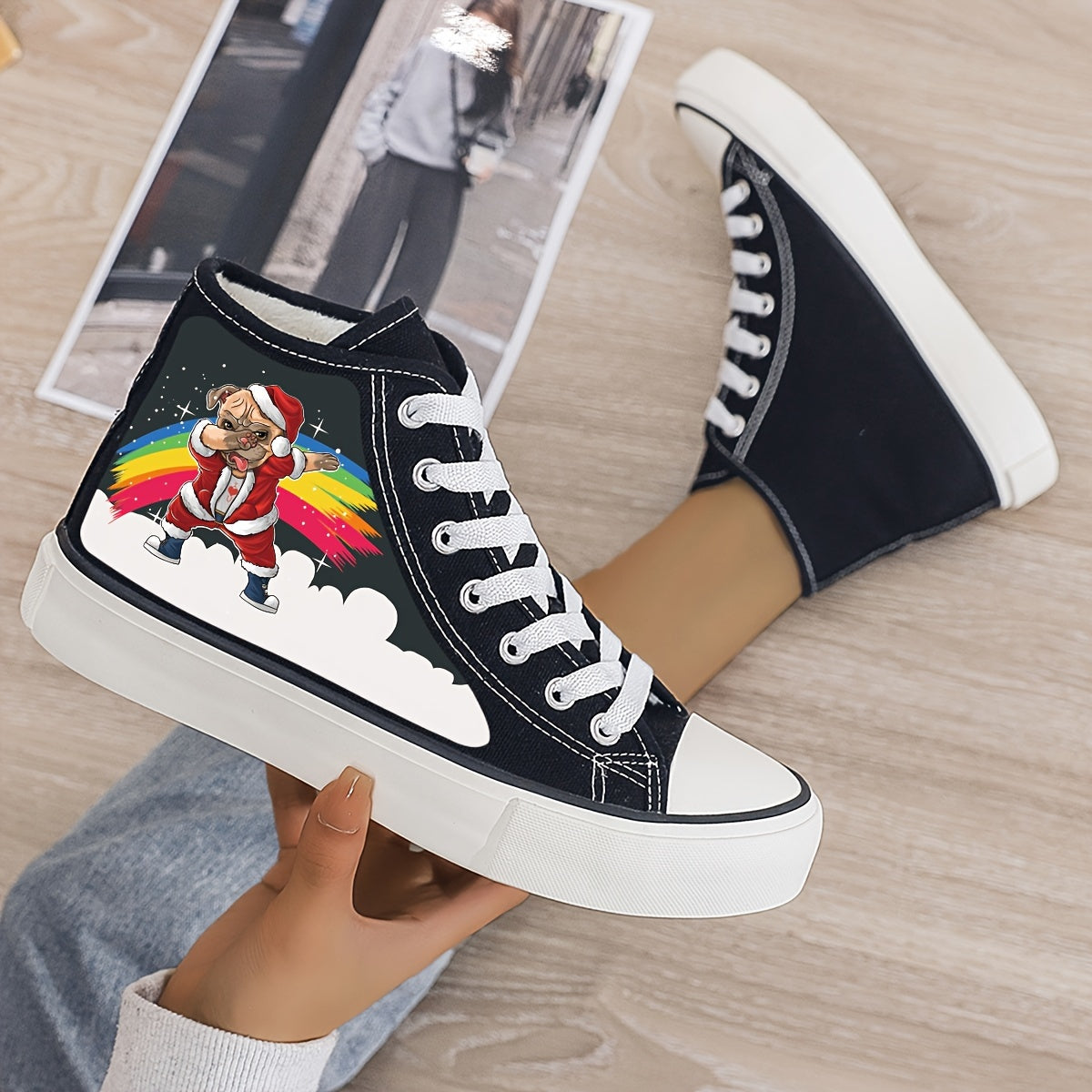 Christmas Puppy Plush Lined Canvas Sneakers