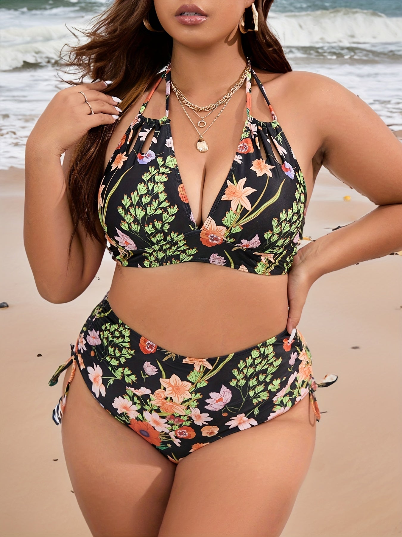 Boho Bikini Set Plus Size Floral Print Halter Bra & Lace Up Panty Swimsuit