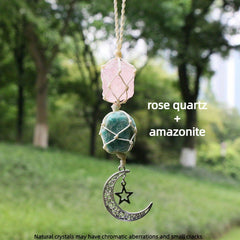 Natural Crystal Raw Hanging Car Charm - Star Moon Charm Rearview Mirror Decor