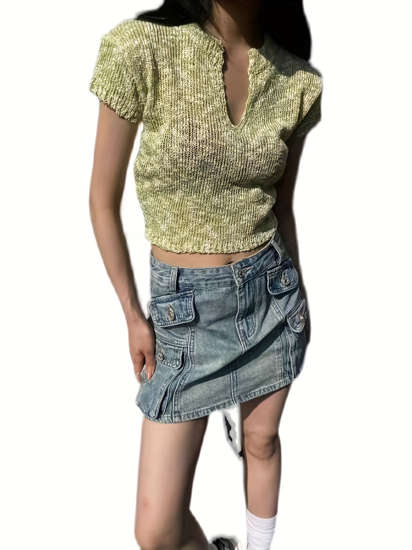 Slim V Neck Knit Sweater Short Sleeve for Spring & Summer