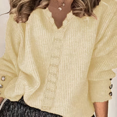 V-Neck Crochet Panel Sweater, Slight Stretch