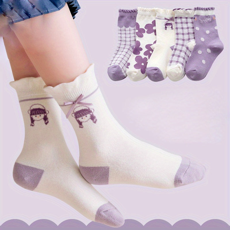 5 Pairs Girls Kids Cartoon Lace Princess Socks - Breathable Crew Socks