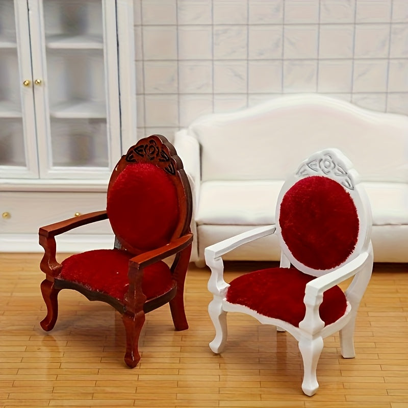 1:12 Dollhouse Furniture Vintage Wood Armchairs with Red Cushions